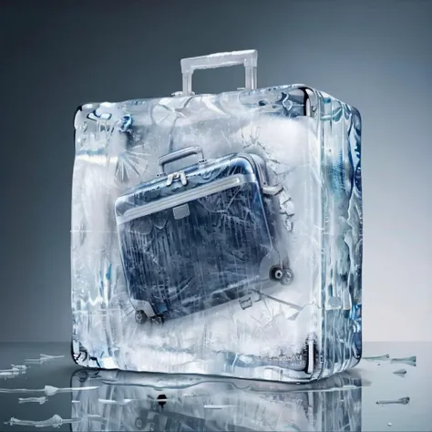 Create a realistic image of a rimowa frozen inside a block of ice. <lora:iniceblock:0.8>