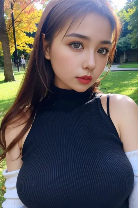 1girl,(wearing a sleeveless turtleneck sweater:1.2),(RAW photo, best quality), (realistic, photo-realistic:1.4), masterpiece, an extremely delicate and beautiful, extremely detailed, 2k wallpaper, Amazing, finely detail, extremely detailed CG unity 8k wallpaper, ultra-detailed, highres, soft light, beautiful detailed girl, extremely detailed eyes and face, beautiful detailed nose, beautiful detailed eyes,cinematic lighting,(autumn scenery,outdoor,in a park)perfect anatomy,slender body, <lora:baobao_lora:0.8>