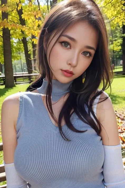 1girl,(wearing a sleeveless turtleneck sweater:1.2),(RAW photo, best quality), (realistic, photo-realistic:1.4), masterpiece, an extremely delicate and beautiful, extremely detailed, 2k wallpaper, Amazing, finely detail, extremely detailed CG unity 8k wallpaper, ultra-detailed, highres, soft light, beautiful detailed girl, extremely detailed eyes and face, beautiful detailed nose, beautiful detailed eyes,cinematic lighting,(autumn scenery,outdoor,in a park)perfect anatomy,slender body, <lora:baobao_lora:0.8>