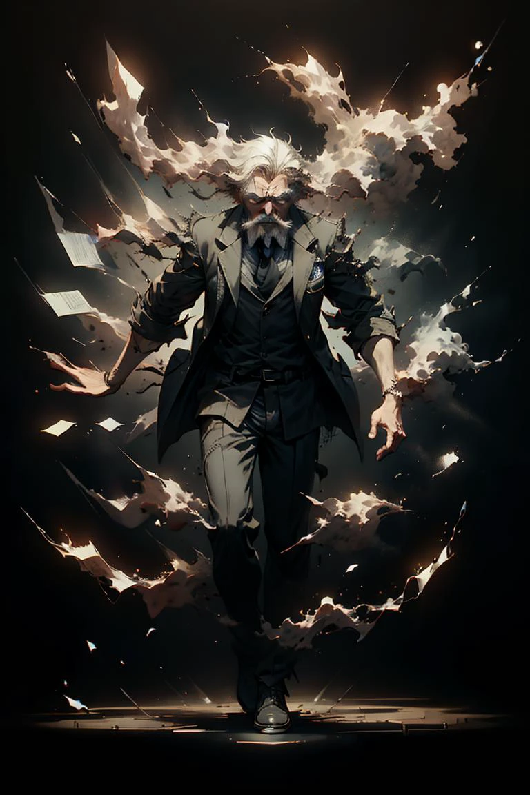 an old man, full body, full shot, disolving into black smoke, <lora:sadistic_v1:0.65> sadistic expression, <lora:picxer_real:0.5> <lora:ral-dissolve-sd15:1> ral-dissolve, dramatic lighting