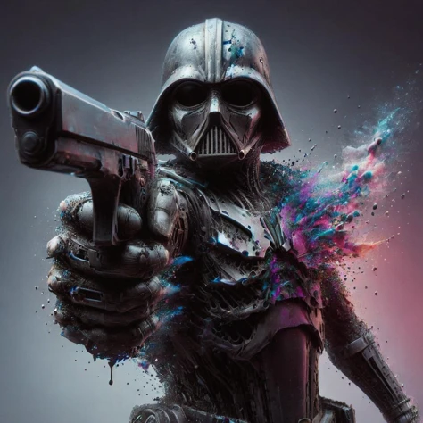 neonpunk style <lora:ral-dissolve-sdxl:1.2>ral-dissolve, DARTH VADER with a melting gun <lora:XL_Weapon_pistol:1>pointing pistol,  Nikon Z9, realistic matte skin, skin texture visible, (sharp focus), (highest quality), DEATH STAR background, cyberpunk, vaporwave, neon, vibes, vibrant, stunningly beautiful, crisp, detailed, sleek, ultramodern, magenta highlights, dark purple shadows, high contrast, cinematic, ultra detailed, intricate, professional