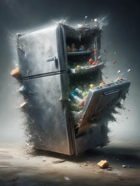 ral-dissolve, picture of my old broken fridge with open door laying (upside-down:1.4) that gave up on live on the weekend in an desolate wasteland spilling its soggy content on the kitchen floor, high resolution, dramatic lighting, atmospheric, concept art, <lora:SDXL - Style - ral-dissolve-sdxl:1>
