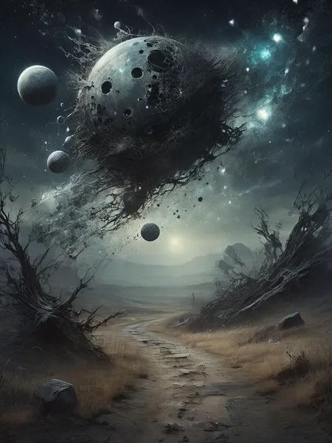 a picture of something that has never been, on a place that never was, in a time long ago, a desolated unreal void , a forgotten bio-mechanical abnormality from a bygone era on lonely path to fulfill its duty , broken forgotten and alone, slumbering, planetary light, constellation, concept art, epic, eerie, gloomy, hopeless, desperate, dissolve, <lora:SDXL - Style - ral-dissolve-sdxl:1>