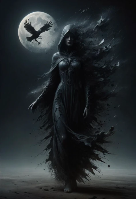 macabre style heart of the Black Desert a ral-dissolve woman cloaked in shadow stands, solo, her form a deeper shade within the all-encompassing darkness, performing a mysterious ritual known only to her, moving with precision and grace through the thick tangible obscurity that surrounds her, the ritual carving pathways of emptiness into the void itself, a massive harvest moon in the background, moon light filters through the darkness illuminating her form, crows gather around her drawn to the enigmatic aura of this sculptor of the unseen, style of Russ Mills and Tyler Shields, . dark, gothic, grim, haunting, highly detailed, <lora:ral-dissolve-sdxl:1.2>,