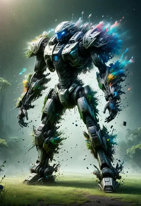 sci-fi style Stunning Octane render of a sleek ral-dissolve style Mecha-Weird midweight Folk mech, torn armor and carbon scoring from recent battles, set in a gigantic silo filled with lush gardens and serene lakes, surrounded by foggy conditions that enhance the mysterious atmosphere, with sunlight and lomography styles emphasized for a unique blend of realism and fantasy elements, Intricate details are highlighted through underpainting techniques, while a rainbow swirl adds a touch of whimsy, sleek, style of Halil Ural and Tomasz Strzalkowski and Yasushi Nirasawa, . futuristic, technological, alien worlds, space themes, advanced civilizations,  <lora:ral-dissolve:1.2>,