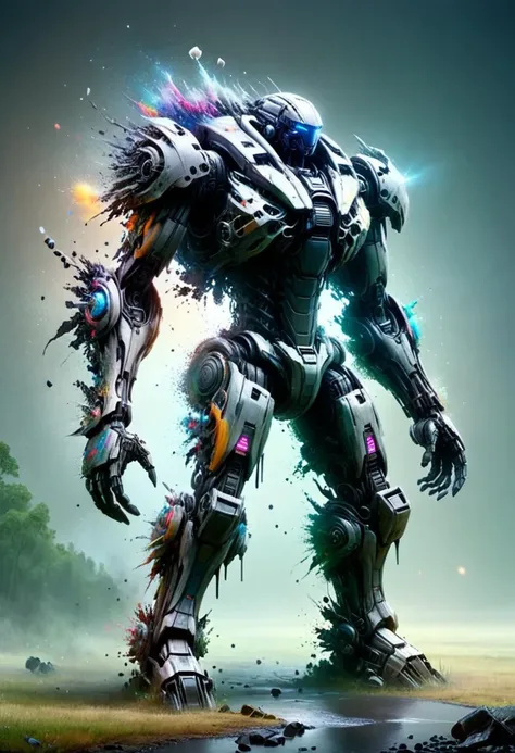sci-fi style Stunning Octane render of a sleek ral-dissolve style Mecha-Weird midweight Folk mech, torn armor and carbon scoring from recent battles, set in a gigantic silo filled with lush gardens and serene lakes, surrounded by foggy conditions that enhance the mysterious atmosphere, with sunlight and lomography styles emphasized for a unique blend of realism and fantasy elements, Intricate details are highlighted through underpainting techniques, while a rainbow swirl adds a touch of whimsy, sleek, style of Halil Ural and Tomasz Strzalkowski and Yasushi Nirasawa, . futuristic, technological, alien worlds, space themes, advanced civilizations, <lora:ral-dissolve:1.2>,
