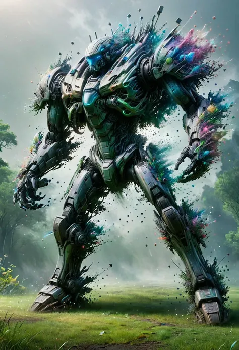 sci-fi style Stunning Octane render of a sleek ral-dissolve style Mecha-Weird midweight Folk mech, torn armor and carbon scoring from recent battles, set in a gigantic silo filled with lush gardens and serene lakes, surrounded by foggy conditions that enhance the mysterious atmosphere, with sunlight and lomography styles emphasized for a unique blend of realism and fantasy elements, Intricate details are highlighted through underpainting techniques, while a rainbow swirl adds a touch of whimsy, sleek, style of Halil Ural and Tomasz Strzalkowski and Yasushi Nirasawa, . futuristic, technological, alien worlds, space themes, advanced civilizations, <lora:ral-dissolve:1.2>,
