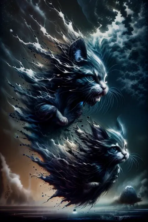 sticker illustration of a (mischievous and fierce kreature) ral-dissolve <lora:ral-dissolve-sd15:1.25>, falling down, with a Venom-inspired aesthetic, evoking a moody atmosphere in a cinematic scene; exhibiting an enlarged mouth, sharp teeth, and a sinister grin reminiscent of the Venom symbiote; the feline, merged with an otherworldly symbiont, displays an alien origin, set against a dark city backdrop with ominous undertones, intensifying the wicked aura and emphasizing the creature's extraterrestrial nature, much like the menacing presence of Venom in the Marvel Universe., (((ral-dissolve mischievous and fierce multiple kittens background))), <lora:difConsistency_detail:0.35> <lora:more_details:0.45> <lora:speedy1p5:1.15>