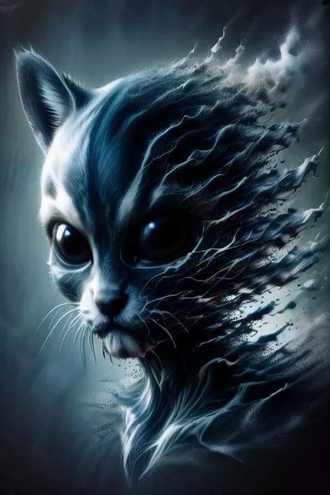 sticker illustration of a (mischievous and fierce kreature) ral-dissolve <lora:ral-dissolve-sd15:1.25>, falling down, with a Venom-inspired aesthetic, evoking a moody atmosphere in a cinematic scene; exhibiting an enlarged mouth, sharp teeth, and a sinister grin reminiscent of the Venom symbiote; the feline, merged with an otherworldly symbiont, displays an alien origin, set against a dark city backdrop with ominous undertones, intensifying the wicked aura and emphasizing the creature's extraterrestrial nature, much like the menacing presence of Venom in the Marvel Universe., (((ral-dissolve mischievous and fierce multiple kittens background))),  <lora:difConsistency_detail:0.35> <lora:more_details:0.45> <lora:speedy1p5:1.15>