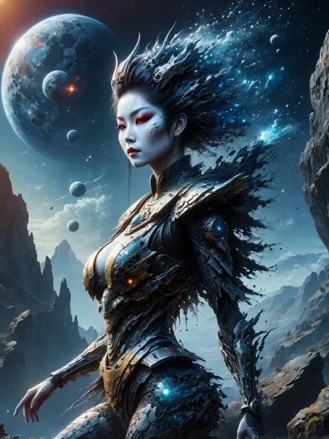 Masterpiece, best quality, <lora:Mayancruz:0.4>, (upper body:1.5), line art, 2d artwork, conceptual art, 3/4 view, a mayan woman, ethereal, futuristic, dynamic pose, high-tech background