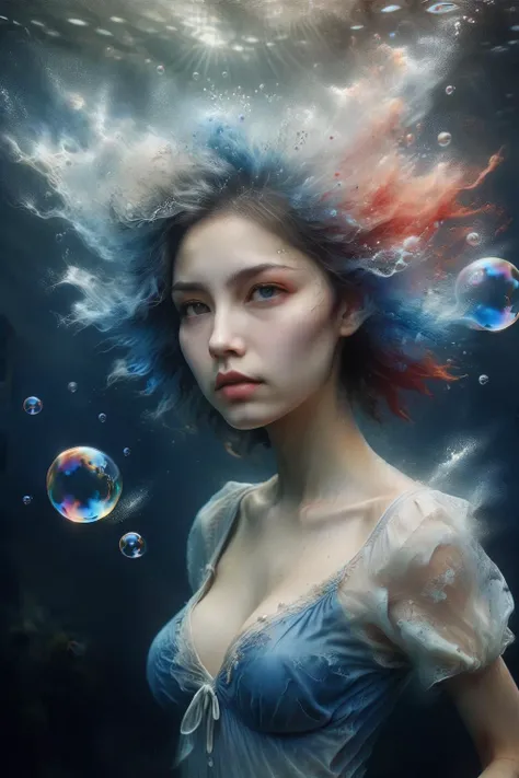 1girl,stunning beauty,gray,red,blue and white porcelain color matching,((colorful bubble)),(floating),detailed light,huge filesize,wallpaper,reality,realistic,photo_(medium),highly detailed,rich in details,detailed background,Detailed explanation,high details,natural colors,realistic texture,extremely detailed,photorealistic,intricate details,high clarity,intricate,masterpiece,<lora:ral-dissolve:1>,ral-dissolve,<lora:20240124-1706086849818:0.8>,soft light,underwater photography,by Anne Bachelier,Nicola Samori,