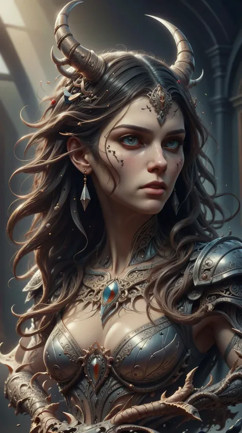 Art by Dean Cornwell, shoulders and chest front portrait of a beautiful woman, magstic face adorned with huge horns, deep neckline, adorned pauldrons, grey ashen skin, high lacework choker collar, photorealistic, volumetric light, hyperdetailed, by Chris Cold and Tomasz Alen Kopera