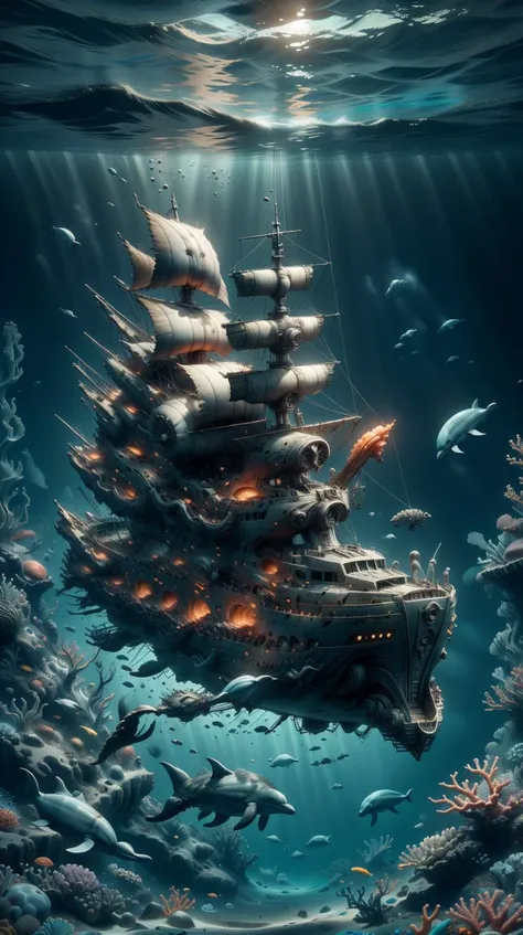 TransformersStyle Black, yellow (orange:0.8), underwater shipwreck!!! surrounded by coral and dolphins and sea turtles, caustics, shallow depth of field, moody lighting, 8 k, concept art,, mechanical, technical, hi-tech, sci-fi <lora:TransformersStyle:0.5> underwater shipwreck!!! surrounded by coral and dolphins and sea turtles, caustics, shallow depth of field, moody lighting, 8 k, concept art,, smoke, disintigrate, dissolve, ral-dissolve underwater shipwreck!!! surrounded by coral and dolphins and sea turtles, caustics, shallow depth of field, moody lighting, 8 k, concept art, <lora:ral-dissolve-sd15:0.7>, (Masterpiece:1.3) (best quality:1.2) (high quality:1.1)