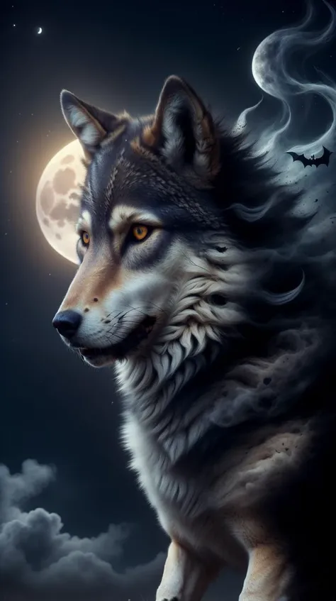 HalloweenGlowStyle a lone wolf howling hauntingly under a full moon <lora:HalloweenGlowStyle:0.5> a lone wolf howling hauntingly under a full moon, (smoke:0.5), disintigrate, dissolve, shatter, scatter, ral-dissolve a lone wolf howling hauntingly under a full moon <lora:ral-dissolve-sd15:0.7>, (wind:0.7), (swirl:0.6), (Masterpiece:1.3) (best quality:1.2) (high quality:1.1)