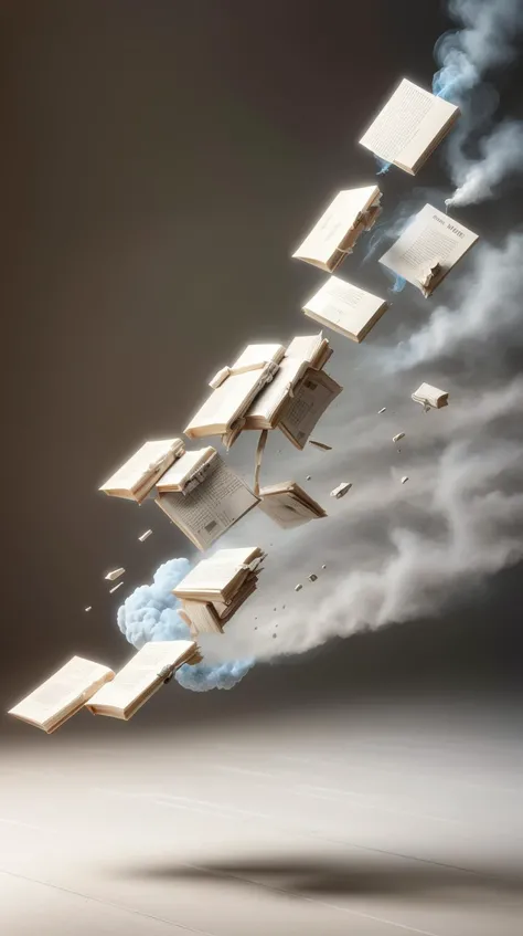 TheEmpireStyle, white Books, hi-tech plastic <lora:TheEmpireStyle:0.5> Books, (smoke:0.5), disintigrate, dissolve, shatter, scatter, ral-dissolve Books <lora:ral-dissolve-sd15:0.7>, (wind:0.7), (swirl:0.6), (Masterpiece:1.3) (best quality:1.2) (high quality:1.1)
