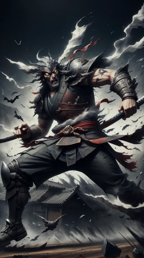 HalloweenGlowStyle portrait, solo, (full body:0.6), looking at viewer, detailed background, detailed face, (<lora:Concept - Shadowmancer:0.4>, ink, shad0wmancer theme:1.1), shogun, Red samurai clothing, aggressive expression, battlefield in background, wind, cinematic atmosphere, <lora:HalloweenGlowStyle:0.5> portrait, solo, (full body:0.6), looking at viewer, detailed background, detailed face, (<lora:Concept - Shadowmancer:0.4>, ink, shad0wmancer theme:1.1), shogun, Red samurai clothing, aggressive expression, battlefield in background, wind, cinematic atmosphere,, (smoke:0.5), disintigrate, dissolve, shatter, scatter, ral-dissolve portrait, solo, (full body:0.6), looking at viewer, detailed background, detailed face, (<lora:Concept - Shadowmancer:0.4>, ink, shad0wmancer theme:1.1), shogun, Red samurai clothing, aggressive expression, battlefield in background, wind, cinematic atmosphere, <lora:ral-dissolve-sd15:0.7>, (wind:0.7), (swirl:0.6), (Masterpiece:1.3) (best quality:1.2) (high quality:1.1)