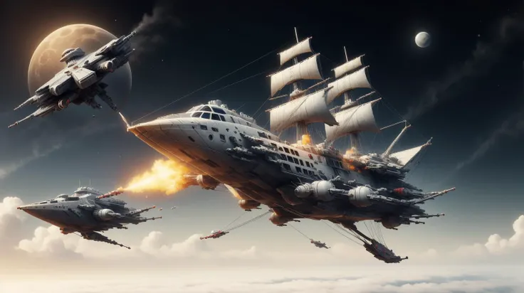 TheEmpireStyle, white a pirate spaceship racing towards a hidden treasure on a distant moon, hi-tech plastic <lora:TheEmpireStyle:0.5> a pirate spaceship racing towards a hidden treasure on a distant moon, (smoke:0.5), disintigrate, dissolve, shatter, scatter, ral-dissolve a pirate spaceship racing towards a hidden treasure on a distant moon <lora:ral-dissolve-sd15:0.7>, (wind:0.7), (swirl:0.6), (Masterpiece:1.3) (best quality:1.2) (high quality:1.1)