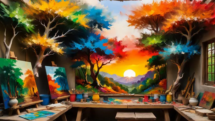 (by M.F. Husain:0.8) , Color splash, Portrait, landscape of a Authentic (The Mirkwood Forest:1.2) from inside of a Workshop, at Sunset, Modernist painting, vibrant colors, bold compositions, exploration of Indian culture and mythology, <lora:ral-dissolve-sdxl:1> made out of ral-dissolve, enchanted, excellent composition, great composition, quality