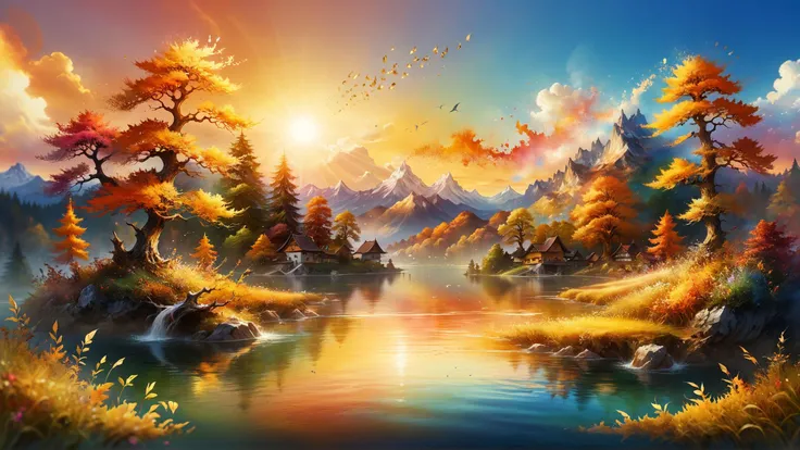 designed by Junya Watanabe, gold leafing technique, vibrant Water color painting, Concept art of a landscape of a Primordial (Bavaria:1.1) , at Sunset, Energetic, Duckcore, back-light, Velvia, Pixabay, absurdres, artstation, <lora:ral-dissolve-sdxl:1> made out of ral-dissolve, great light, epic composition, intricate detail, intricate, full color