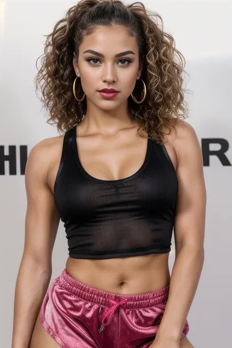 A photo of an attractive sexy woman 21 y.o.,
Boxing shorts and boxing tank top, Female Warrior, Short, in shape, Square Face, Dark Skin, Golden Blonde Hair, grey Eyes, [[Curved Nose]], Thick Lips, Sharp Chin, Long Hair, Curly Hair, Low Chignon, soft breasts, Hoop earrings, hot pink velvet lipstick,,
moles, skin imperfection,NSFW,
Masterpiece, photo realistic, hi res, 8k, award winning, high quality, professional, 4k, highly detailed <lora:more_details:0.3>