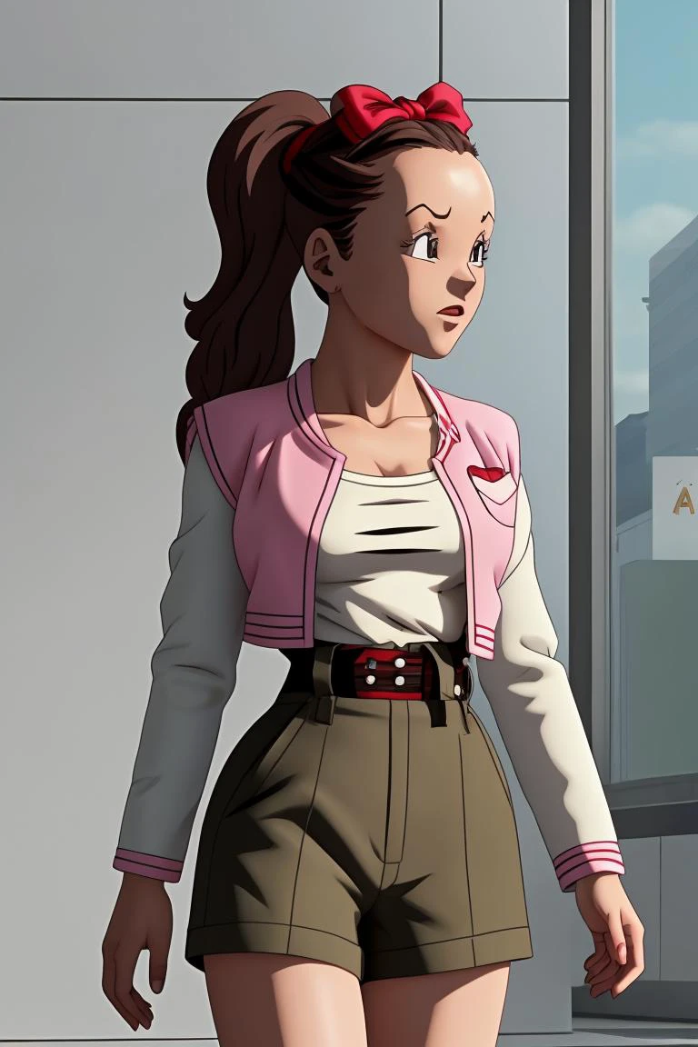 (masterpiece, best quality), 1girl, <lora:cocoangela_v5_prod:1> cocoa, brown hair, black eyes, ponytails, long sideburns || pink dress, frills, red belt, red hair bow, white elbow gloves, white thighhighs ,olive green jacket, brown shirt, army green pants, suspender pants