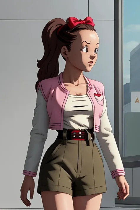 (masterpiece, best quality), 1girl, <lora:cocoangela_v5_prod:1> cocoa, brown hair, black eyes, ponytails, long sideburns || pink dress, frills, red belt, red hair bow, white elbow gloves, white thighhighs ,olive green jacket, brown shirt, army green pants, suspender pants