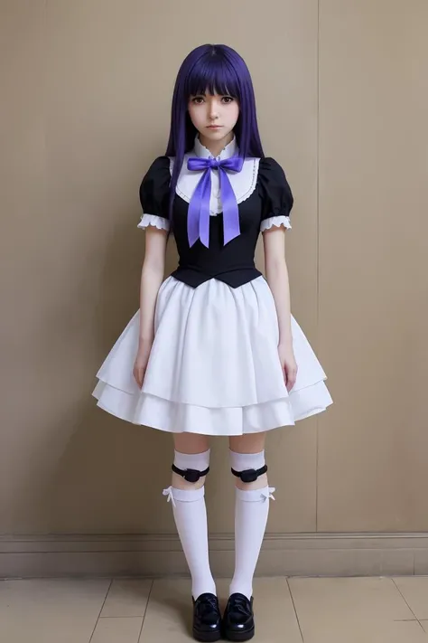(masterpiece, best quality), 1girl,     <lora:BERNDADAPT1:1> frederica bernkastel, purple eyes, purple hair, long hair, purple bow, dress, frills, white kneehighs,  kneehighs bow, mary janes,