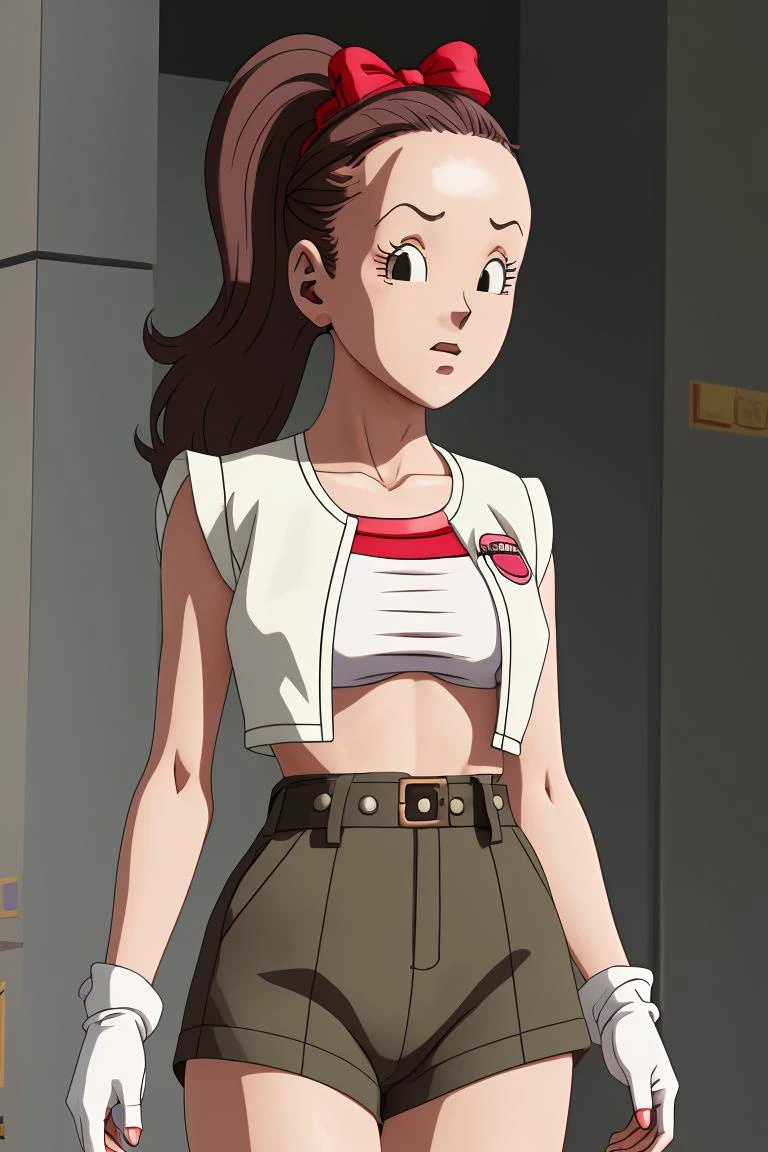 (masterpiece, best quality), 1girl, <lora:cocoangela_v5_prod:1> cocoa, brown hair, black eyes, ponytails, long sideburns || pink dress, frills, red belt, red hair bow, white elbow gloves, white thighhighs ,olive green jacket, brown shirt, army green pants, suspender pants