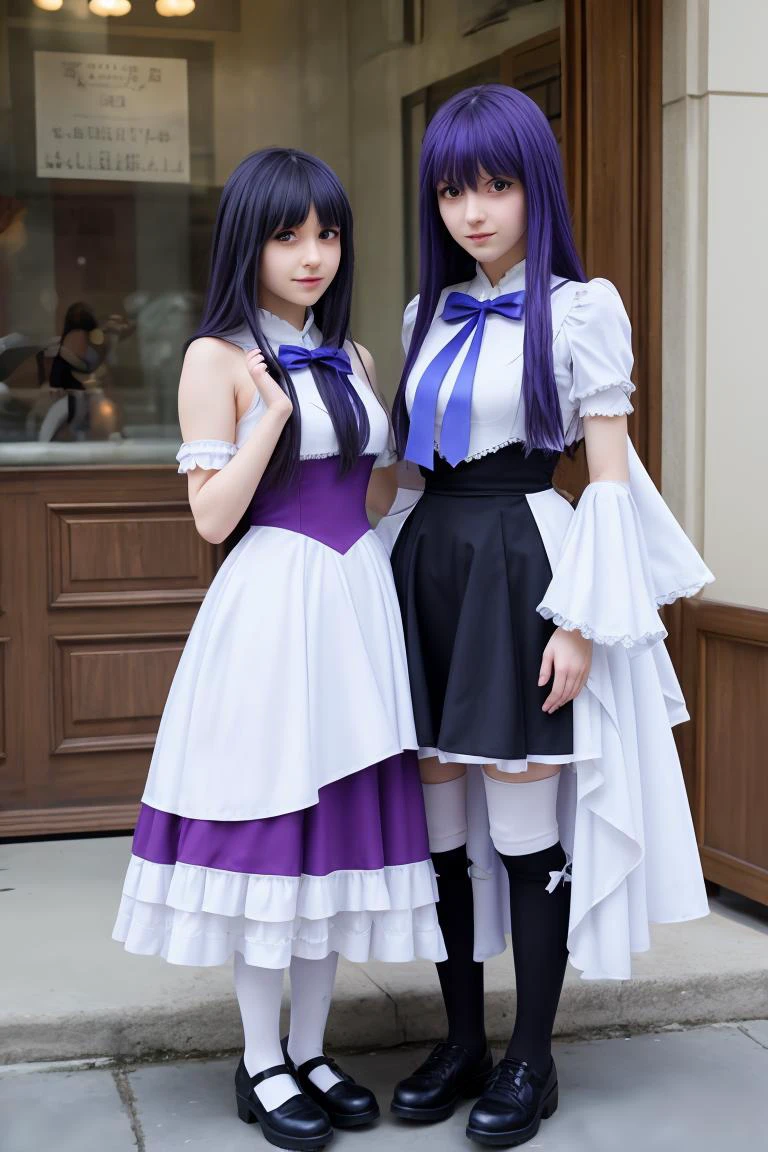 (masterpiece, best quality), 1girl, <lora:BERNDADAPT1:1> frederica bernkastel, purple eyes, purple hair, long hair, purple bow, dress, frills, white kneehighs, kneehighs bow, mary janes,