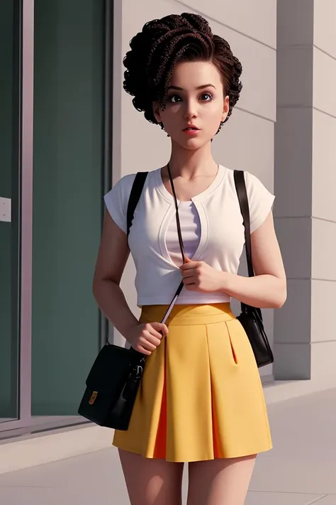 (masterpiece, best quality), 1girl,   <lora:cocoangela_v5_prod:1> angela, orange hair, purple eyes, curly hair, long hair   white t-shirt, teal skirt, short sleeves || yellow dress, white open sweater, sleeveless, handbag, shoulder strap