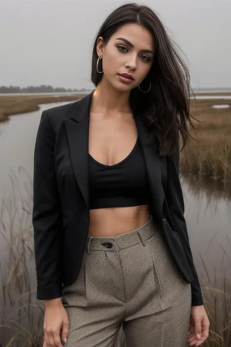 A photo of an attractive sexy woman 21 y.o.,
Cropped ankle pants with a tailored jacket and blouse, Temptress, Short, Lean, Oval Face, Tan Skin, Black Hair, Sapphire Eyes, Wide Nose, Thick Lips, Prominent Chin, Shoulder-Length Hair, Fine Hair, Half Up Half Down, soft breasts, Threader earrings, terracotta gloss lipstick, a mysterious, foggy marsh,
moles, skin imperfection,NSFW,
Masterpiece, photo realistic, hi res, 8k, award winning, high quality, professional, 4k, highly detailed <lora:more_details:0.3>