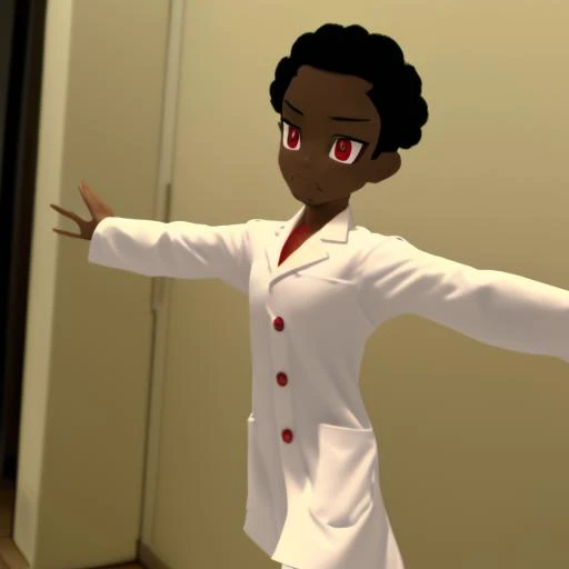 walking, buttons, white_shirt, head_out_of_frame, child, official_style, looking_at_viewer, outstretched_arms, labcoat, letterboxed, short_hair, solo, red_eyes, long_sleeves, piercing, pants, black_hair, indoors, tank_top