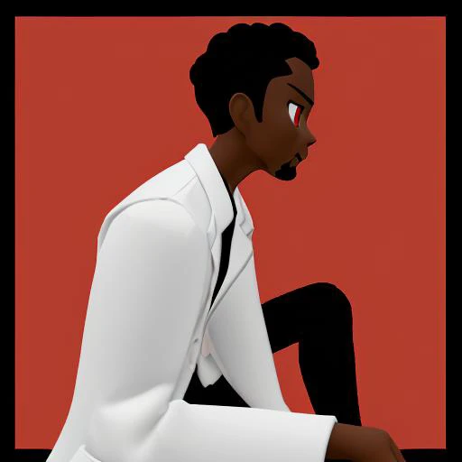 shoes, mustache, upper_body, sleeveless, letterboxed, suit, sitting, profile, solo, red_shirt, brown_eyes, walking, parody, labcoat, ear_piercing, red_eyes, t-shirt, male_child, bright_pupils