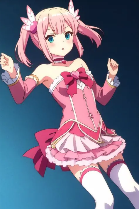 masterpiece, anime screencap, pink dress, shiny skin, armpits, cmmg, chiyoda momo, masterpiece, 1girl, bare shoulders, blue background, aqua eyes, blush, bow, breasts, choker, collarbone, commentary request, dbmaster, detached sleeves, dress, hair ornament , peach ornament, highres, long sleeves, machikado mazoku, magical girl, parted lips, pink choker, pink dress, pink hair, pink sleeves, red bow, small breasts, solo, strapless, strapless dress, thighhighs, short twintails, two-tone background, white background, white thighhighs, wide sleeves, frills, bangs, looking at viewer, skirt, pink bow, frilled dress, frilled skirt, pink skirt, shiny hair, frilled sleeves, short hair