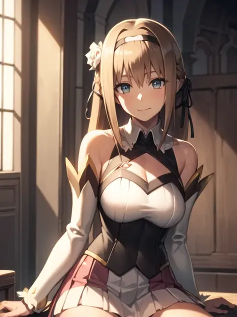 (ultra detailed),(masterpeace),(best quality),(photorealistic), beautiful lighting, CG,(colour:1.2), looking at viewer,indoor,church,aurica_nestmile,brown_hair,detached_sleeves,skirt,hair_ribbon,hairband,pleated_skirt,long_hair,short_dressbare_shoulders,long_sleeves,breasts,bangs,sleeveless,hair_ornament,pink_skirt,white_dress,
<lora:Aurica_Nestmile_V2:1>