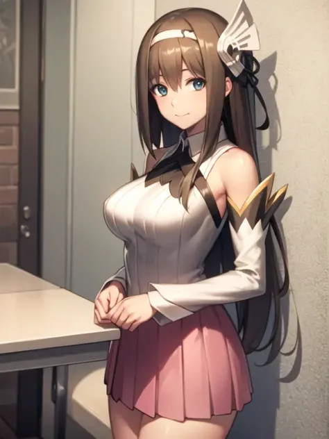 (ultra detailed),(masterpeace),(best quality),(photorealistic), beautiful lighting, CG,(colour:1.2), looking at viewer,indoor,church,aurica_nestmile,brown_hair,detached_sleeves,skirt,hair_ribbon,hairband,pleated_skirt,long_hair,short_dressbare_shoulders,long_sleeves,breasts,bangs,sleeveless,hair_ornament,pink_skirt,white_dress,
 <lora:Aurica_Nestmile_V2:1>