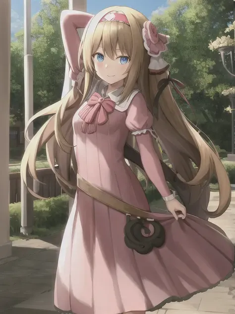 <lora:Aurica_Nestmile:0.9>,Aurica_Nestmile,long hair,front,standing,pink and white dress,hairband,