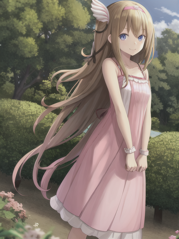 Anime girl in pink dress standing in front of bushes and trees - SeaArt AI