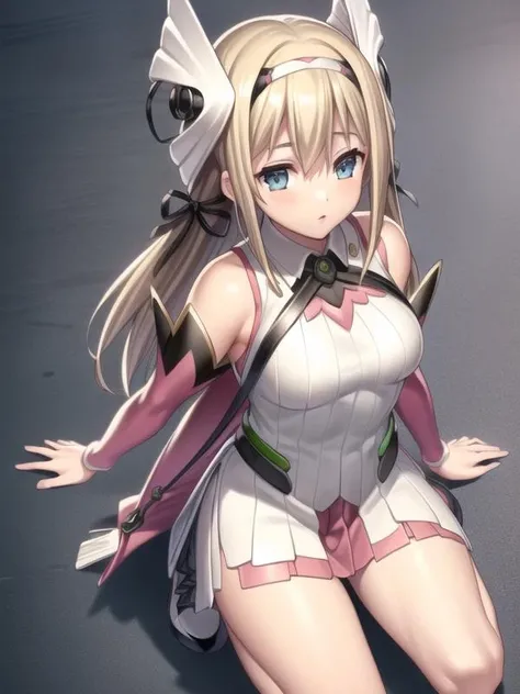 (busty girl), solo, (unexpected expression)(mouth open, (white jacket), (pink sportsbra)(covered nipples), slender waist, nude underbody, narrow hips, bare hips, (visible vulva(labia)(erect clitoris)urethra,(pussy juice)trickling, (blond hair)buns(twintails), white ribbon, large eyes, blue eyes, sunny metropolis