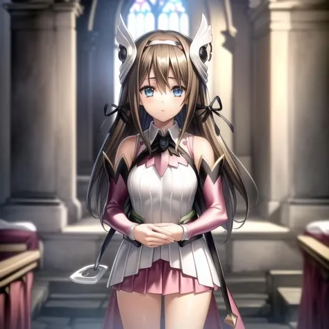 indoors, 1girl, <lora:aurica_nestmile_v3:0.9>aurica_nestmile,brown hair,detached sleeves,skirt,hair ribbon,hairband,pleated skirt,long_hair,short dressbare shoulders,long sleeves,breasts,bangs,sleeveless,hair ornament,pink skirt,white shirt,, <lora:flatBG:-0.45> ,<lora:flat2:-0.45>,(dark light:1.2),(hyper extreme detailed),(masterpeace),(hyper extreme),(photorealistic),game cg,llustration,novel illustration,beautiful lighting,light from the front,, (Cathedral,church:1.2),