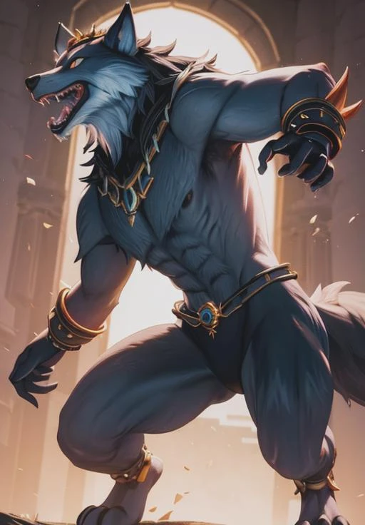 Uploaded on e621, (male wolf), standing, solo, muscle, detailed fur texture, (tribal clothing, ((long loincloth))), white body, dragon scale belly, dawn, shadow, dim environment, (art of chuni, (drachheim), (rakisha), (cantana gassen)), (front view), look happy, [detailed background], detailed pupils, masterpiece artwork, caustic, edge lighting, single light source, sharp shadow, personal portrait, (fingers, toe claws), (wolf), By Inessa Garmash, Greg Rutkowski, Pino Daeni, Ruan Jia, brown eyes, curly horned behind ears, brown hair in horsetail, dragon scale black calf, dragon scale black forearm