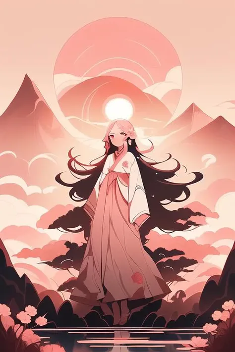 1girl, liuyun, mountain, long hair, floating hair, hair flower, flower, sunset, pink and white, full body, looking at viewer,  <lora:liuyunV5:0.7>