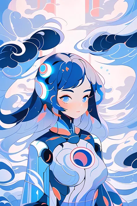 1girl, (humanoid robot:1.2), liuyun, waves, long hair, floating hair, hair flower, upper body, looking at viewer, <lora:liuyunV5:0.7>, holographic, <lora:holographicV1:0.6>