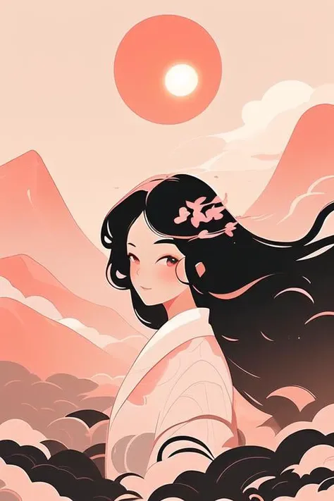 1girl, liuyun, mountain, long hair, floating hair, hair flower, sun, pink and white, upper body, looking at viewer, <lora:liuyunV5:0.7>