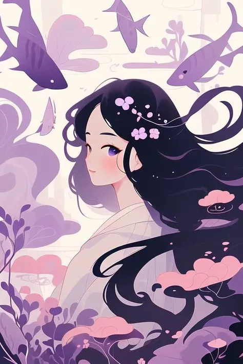 1girl, liuyun, forest, long hair, floating hair, hair flower, flower, fish, purple and white, upper body, looking at viewer, <lora:liuyunV5:0.7>