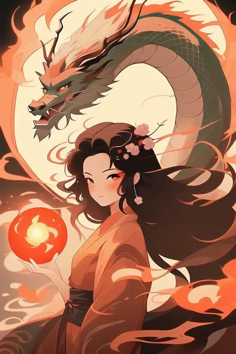 1girl, liuyun, fire ball, long hair, floating hair, hair flower, eastern dragon, red and white, upper body, looking at viewer, <lora:liuyunV5:0.7>