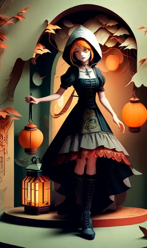 , cinsdia, papercut weave, pastel Charcoal Gray Tangerine Orange riding hood, ugly creepy woman, dark dense forest, intricate cross-laced dress, high heel boots, dynamic posture, bent forward, cinematic composition, dramatic lighting by brass lantern, masterpiece, the greatest details, 8k, UHD, HDR, incredibly intricate, <lora:papercut02:1>