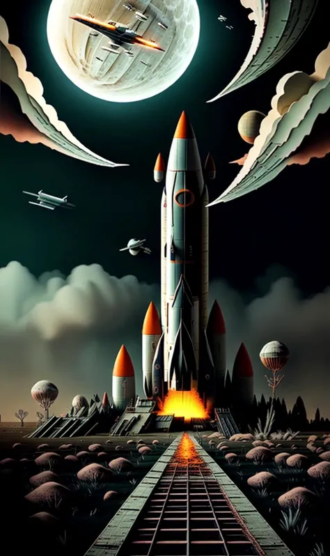 , cinsdia, papercut weave, cloudy sky, (solitary astronaut:1.1), huge spacecraft flying in the sky, pastel Ash Gray Vibrant Orange protective gear, body-tight, desolate alien landscape, dead trees, swamp, bushes, lonely, art by Matt Stawicki, symmetric, eery, frightening, sad, sci-fi, dirty, stained, thunderstorm, lightning, battleship, glowing engines, reflections, intricate, alien invasion, crater, wartorn, dust, smoke, masterpiece, the greatest details, 8k, UHD, HDR, incredibly intricate, <lora:papercut02:1>