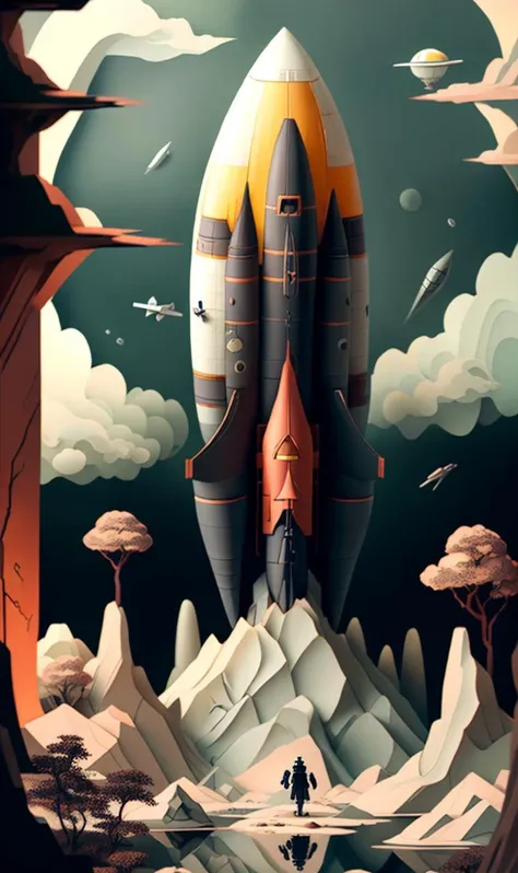 , cinsdia, papercut weave, cloudy sky, (solitary astronaut:1.1), huge spacecraft flying in the sky, pastel Storm Gray Electric Purple protective gear, body-tight, desolate alien landscape, dead trees, swamp, bushes, lonely, art by Cam de Leon, symmetric, eery, frightening, sad, sci-fi, dirty, stained, thunderstorm, lightning, battleship, glowing engines, reflections, intricate, alien invasion, crater, wartorn, dust, smoke, masterpiece, the greatest details, 8k, UHD, HDR, incredibly intricate, <lora:papercut02:1>