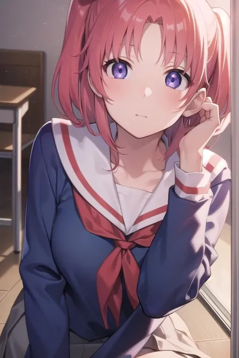 kobeniyonomori, <lora:kobeniyonomori-lora-nochekaiser:1>,
kobeni yonomori, (purple eyes:1.1), pink hair, short hair, two side up,
BREAK school uniform, serafuku, sailor collar, white sailor collar, blue shirt, long sleeves, skirt, grey skirt, pleated skirt,
BREAK looking at viewer, full body,
BREAK indoors, classroom,
BREAK <lyco:GoodHands-beta2:1>, (masterpiece:1.2), best quality, high resolution, unity 8k wallpaper, (illustration:0.8), (beautiful detailed eyes:1.6), extremely detailed face, perfect lighting, extremely detailed CG, (perfect hands, perfect anatomy),